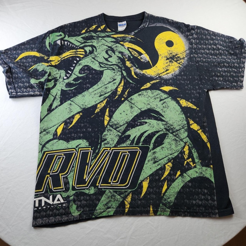 RVD Rob Van Dam TNA Wrestling Mens Black AOP Dragon Graphic T-Shirt XL Gildan